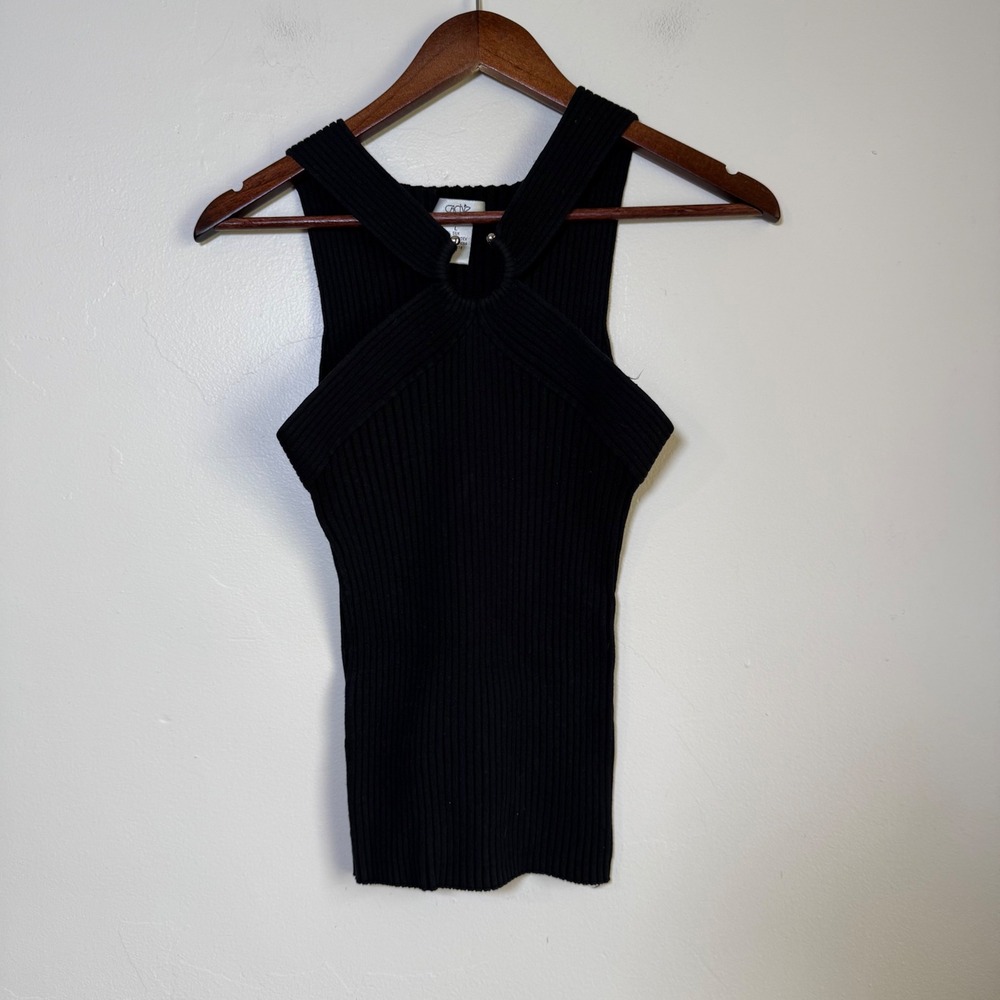 Cache Crisscross Ring Neck Ribbed Silk Blend Tank Top Size Large Black